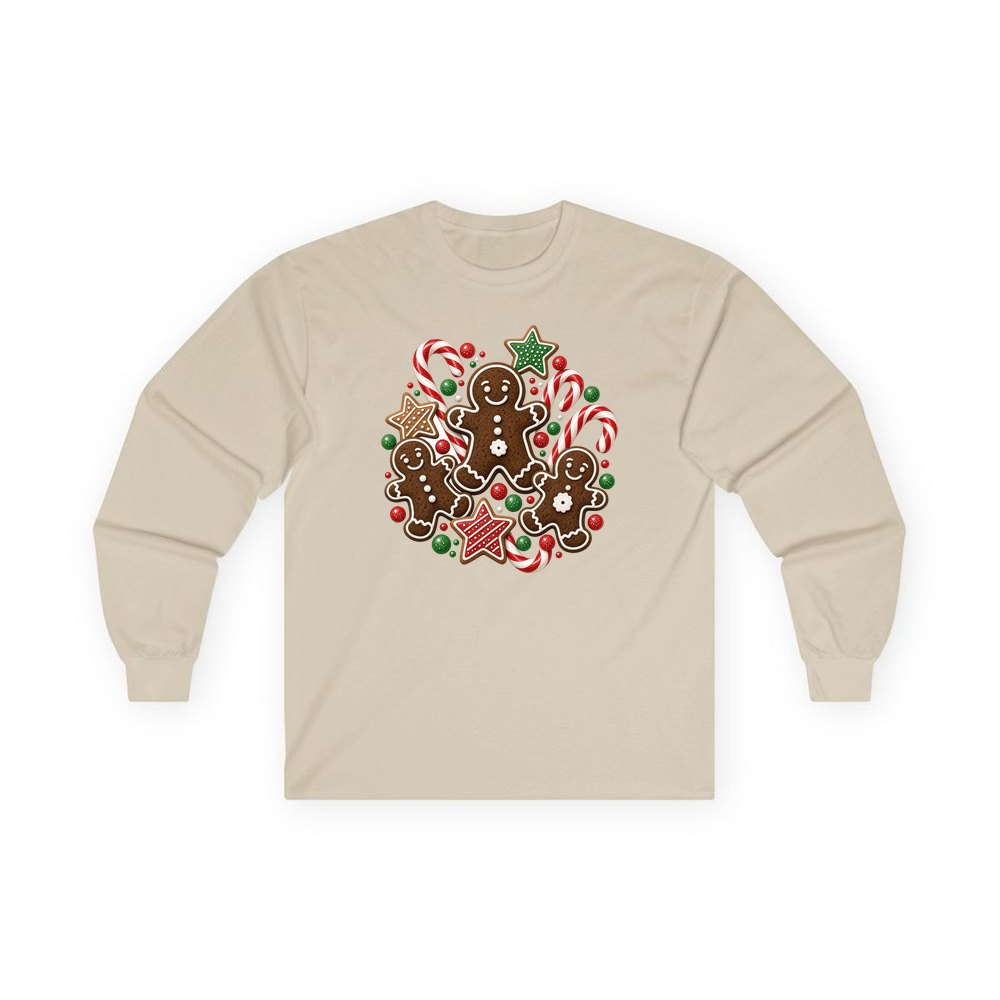 Gingerbread Men and Candy Canes personalised long sleeve Christmas T-shirt in sand