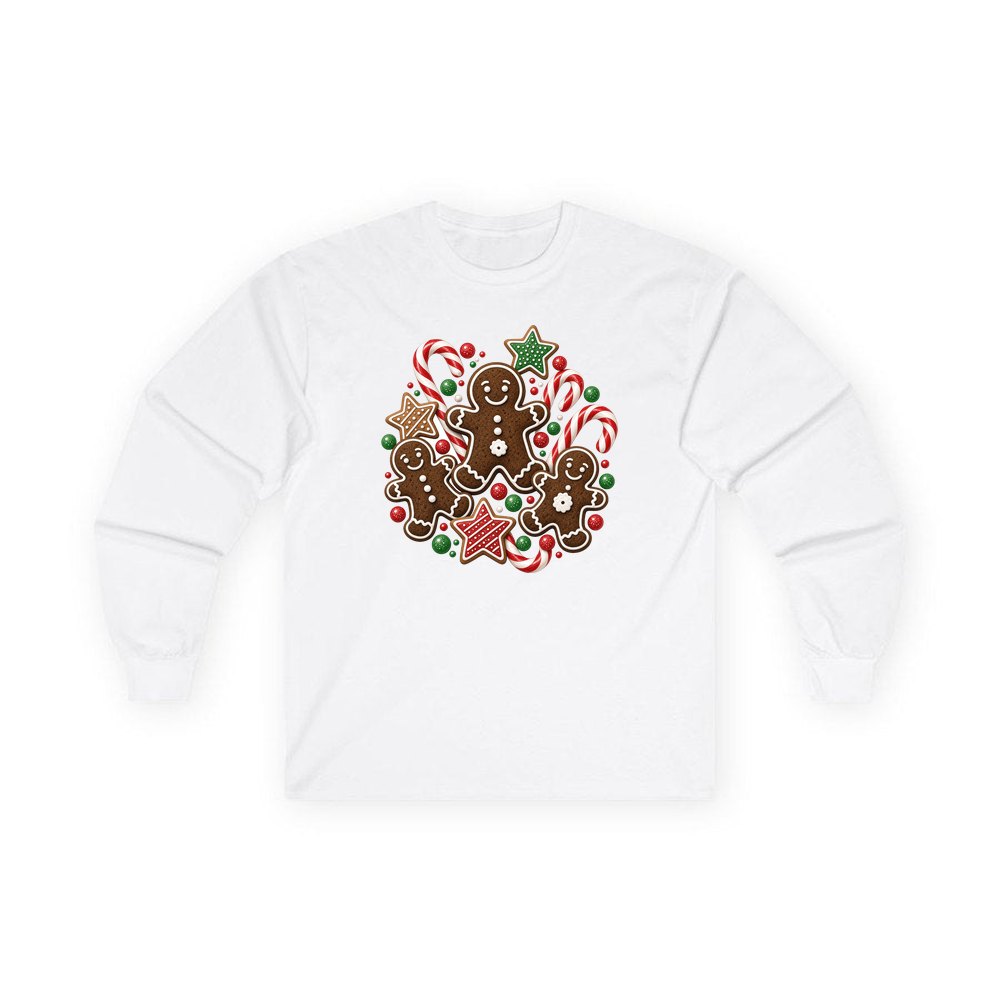 Gingerbread Men and Candy Canes personalised long sleeve Christmas T-shirt in white