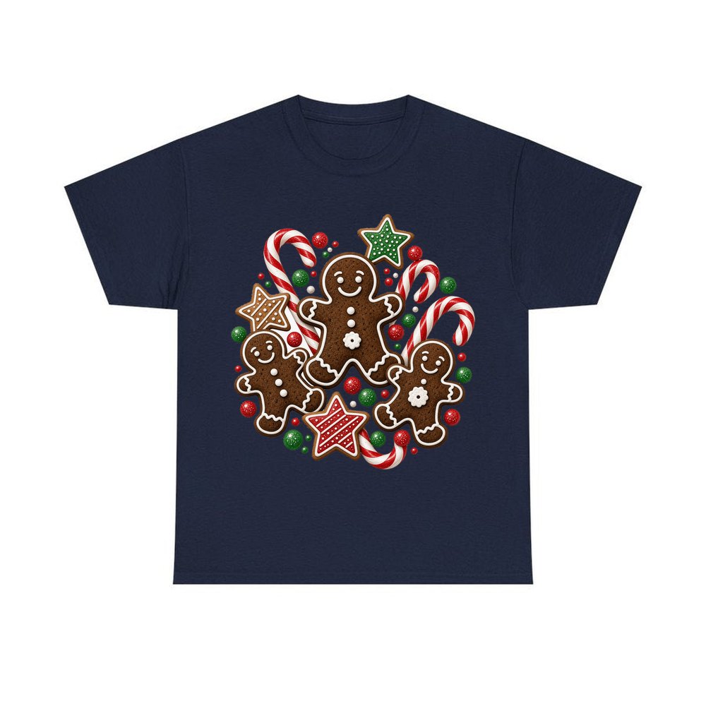 Gingerbread Men and Candy Canes personalised Christmas T-shirt in navy