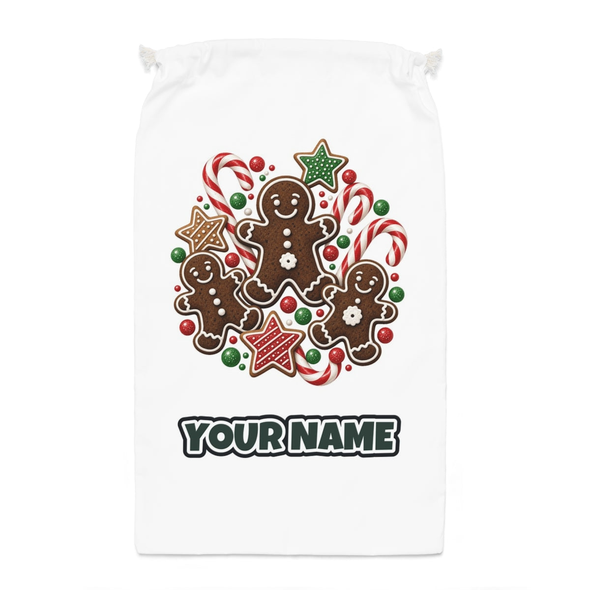 Gingerbread Men and Candy Canes Santa sack laid flat, showing the full print