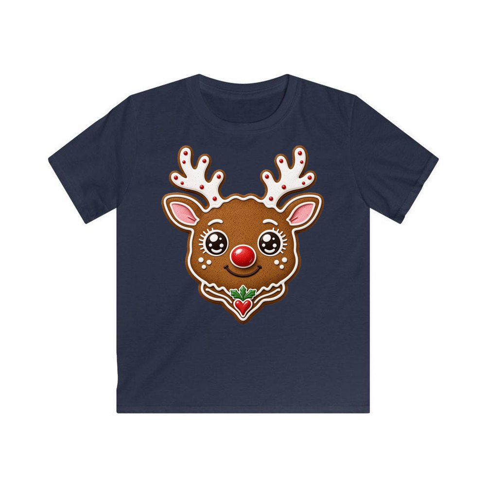 Gingerbread Reindeer Cookie personalised kids Christmas tee in navy