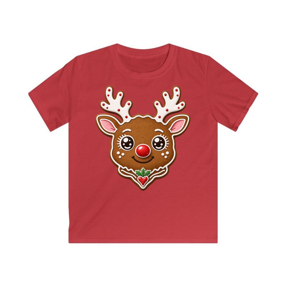 Gingerbread Reindeer Cookie personalised kids Christmas tee in red
