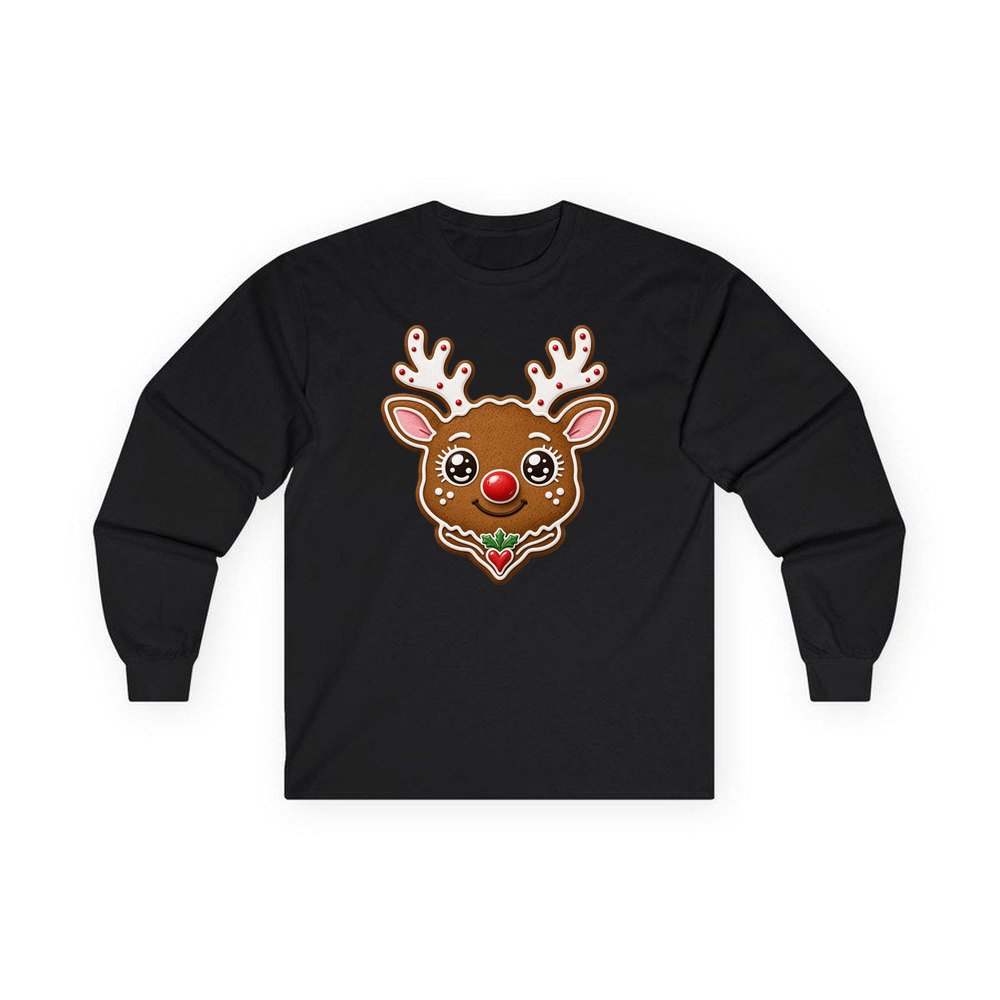 Gingerbread Reindeer Cookie personalised long sleeve Christmas T-shirt in black