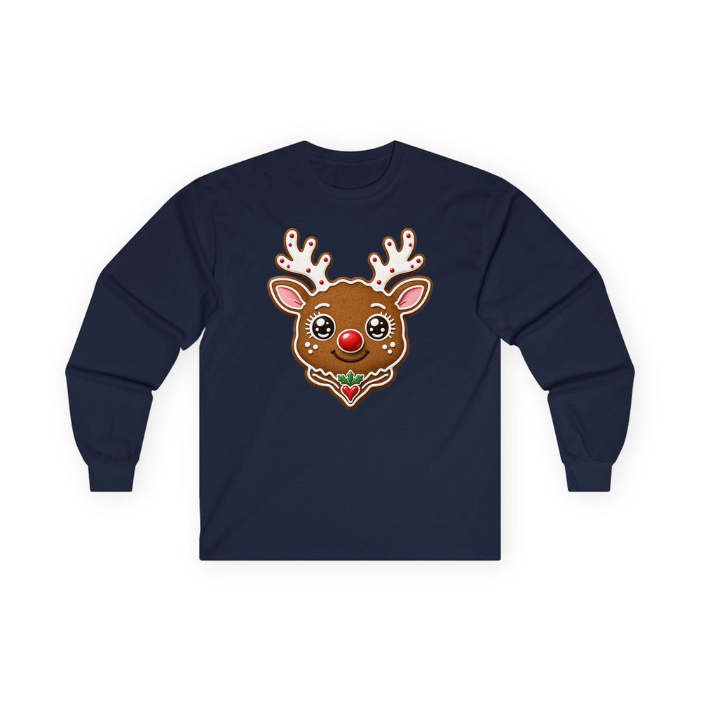 Gingerbread Reindeer Cookie personalised long sleeve Christmas T-shirt in navy