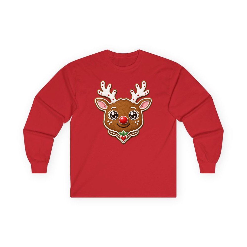 Gingerbread Reindeer Cookie personalised long sleeve Christmas T-shirt in red