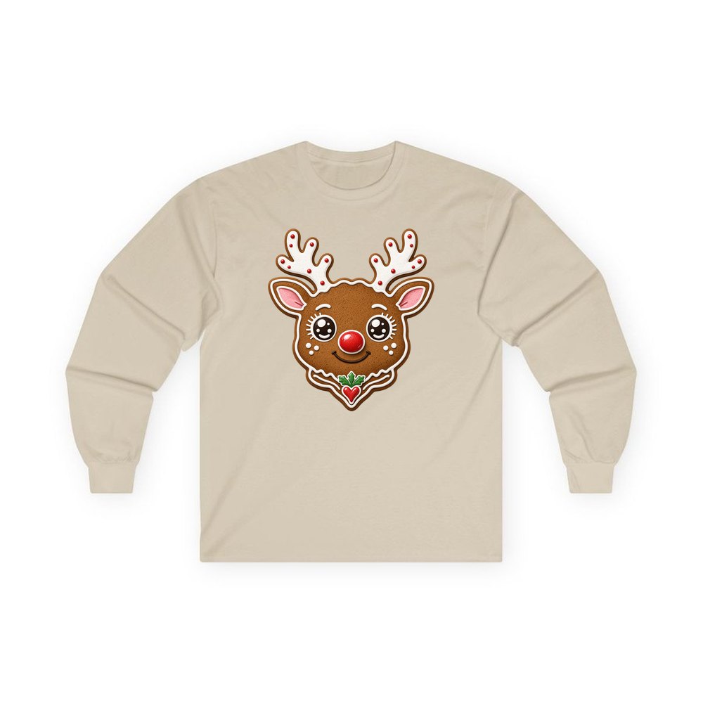 Gingerbread Reindeer Cookie personalised long sleeve Christmas T-shirt in sand