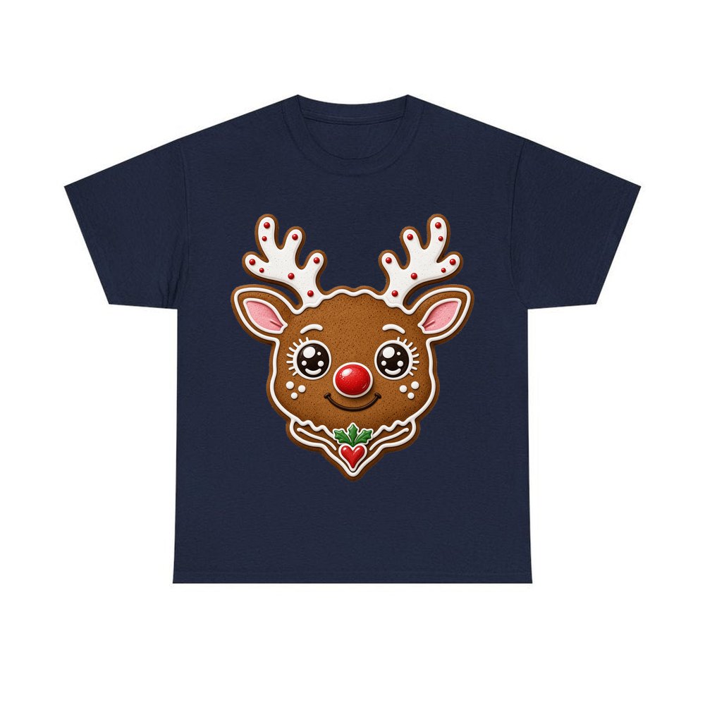 Gingerbread Reindeer Cookie personalised Christmas T-shirt in navy