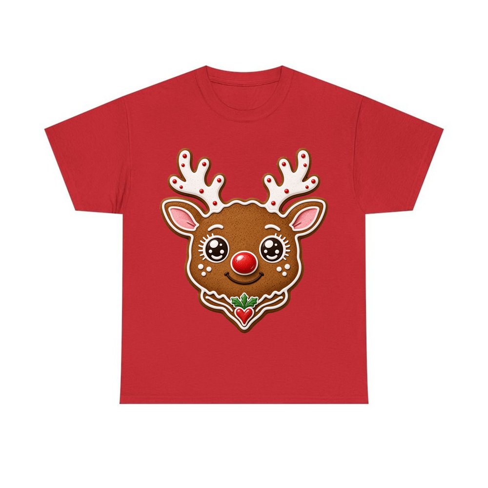 Gingerbread Reindeer Cookie personalised Christmas T-shirt in red