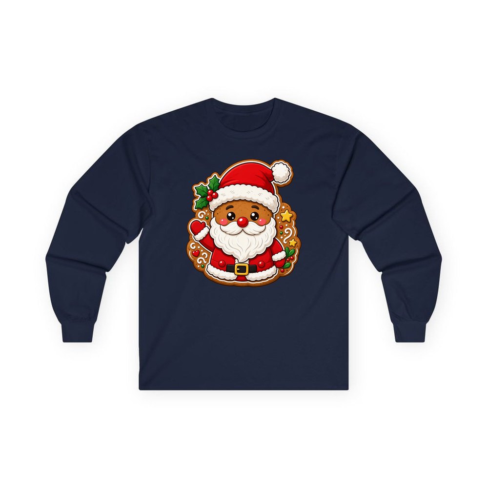 Gingerbread Santa Biscuit personalised long sleeve Christmas T-shirt in navy
