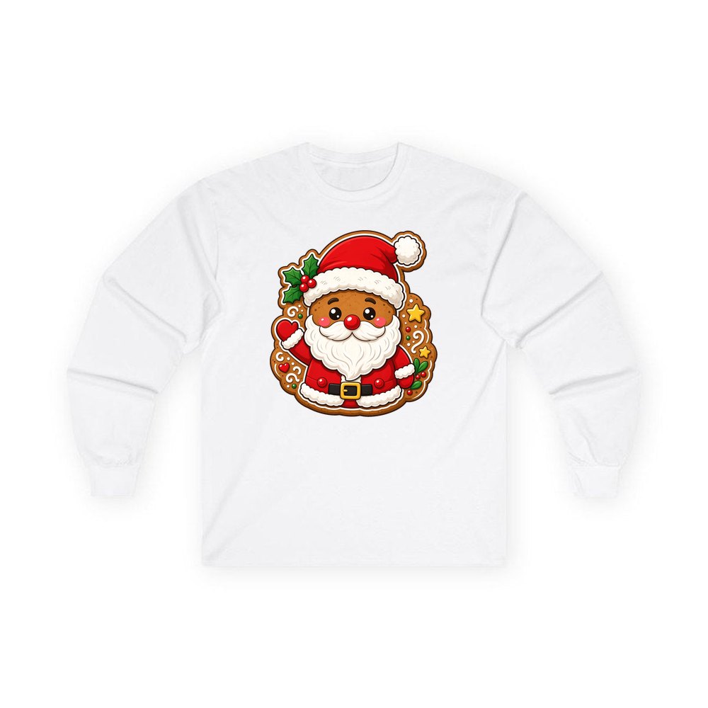 Gingerbread Santa Biscuit personalised long sleeve Christmas T-shirt in white