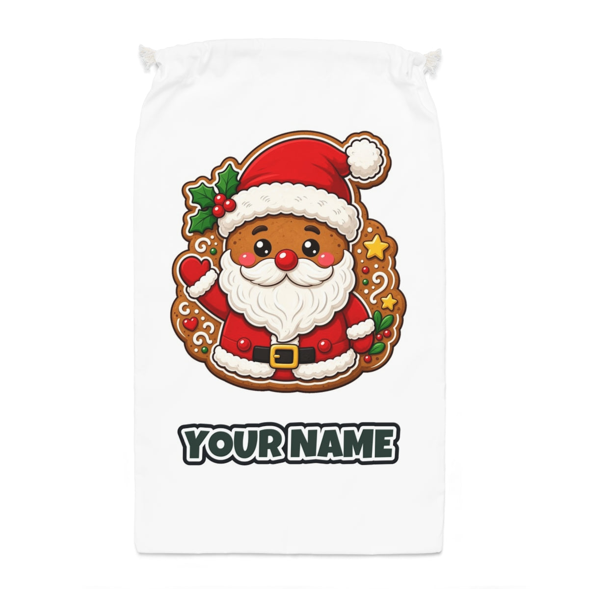 Gingerbread Santa Biscuit Santa sack laid flat, showing the full print