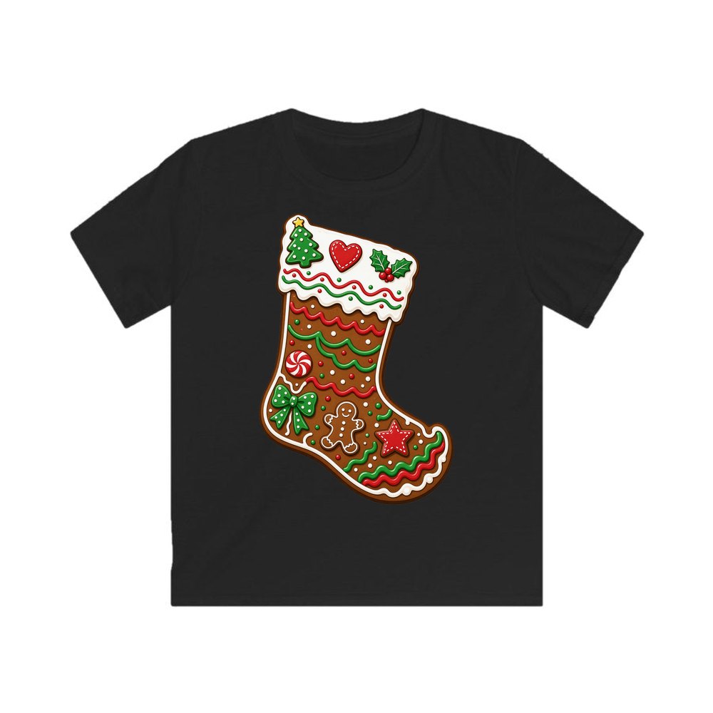 Gingerbread Stocking Biscuit personalised kids Christmas tee in black