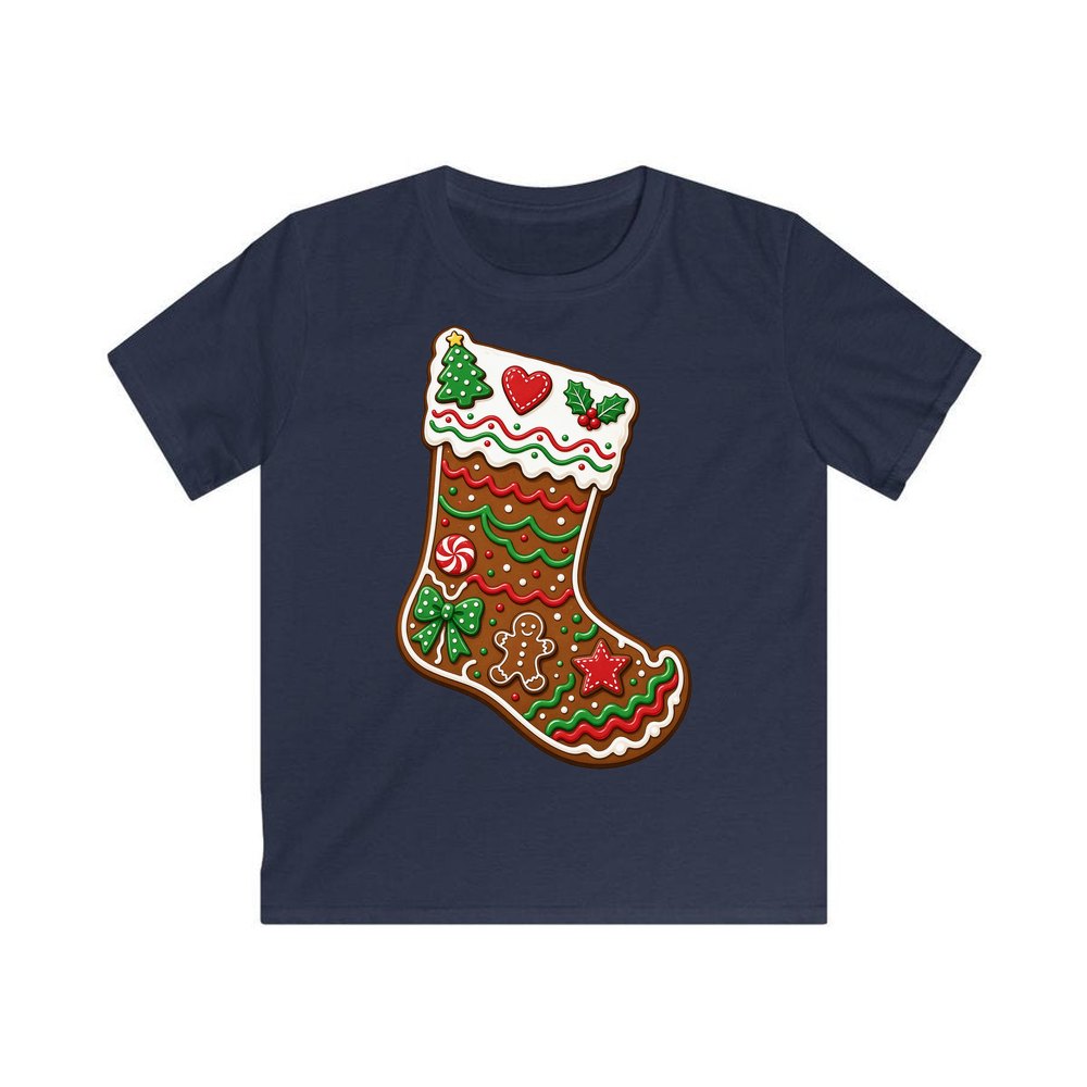 Gingerbread Stocking Biscuit personalised kids Christmas tee in navy