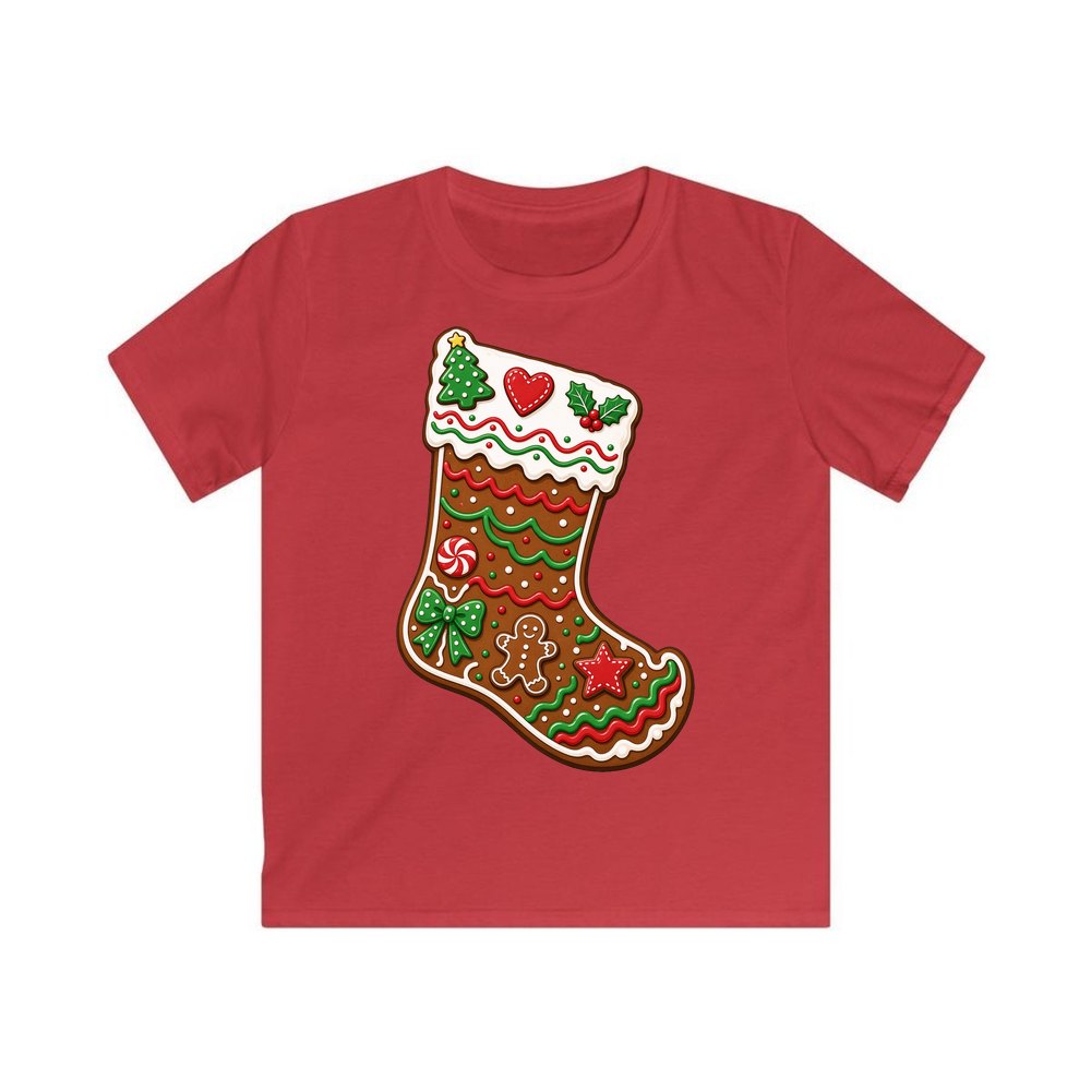 Gingerbread Stocking Biscuit personalised kids Christmas tee in red