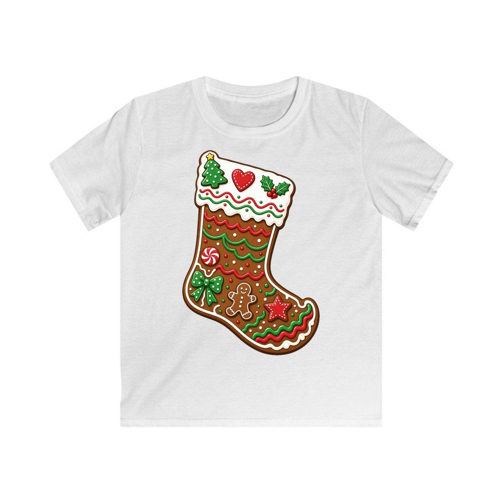 Gingerbread Stocking Biscuit personalised kids Christmas tee in white