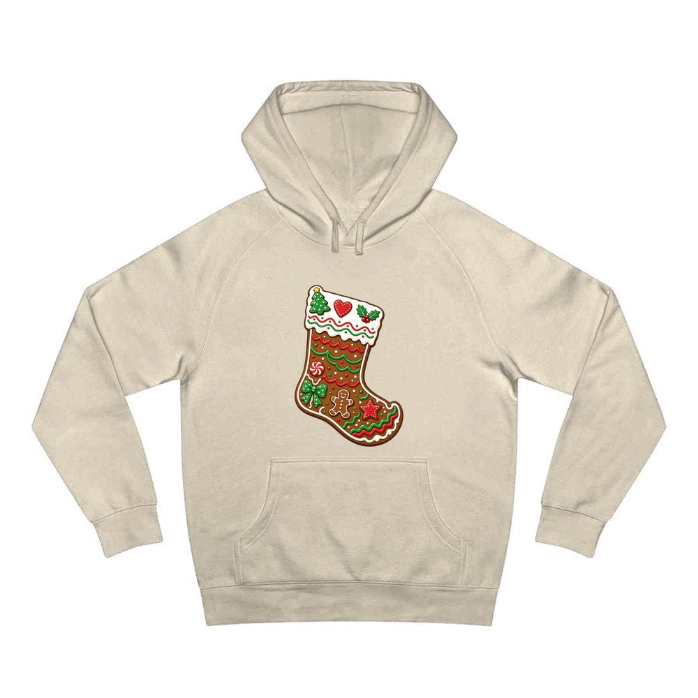 Gingerbread Stocking Biscuit personalised Christmas hoodie in sand