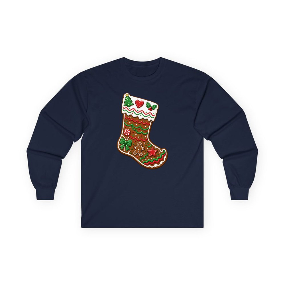 Gingerbread Stocking Biscuit personalised long sleeve Christmas T-shirt in navy