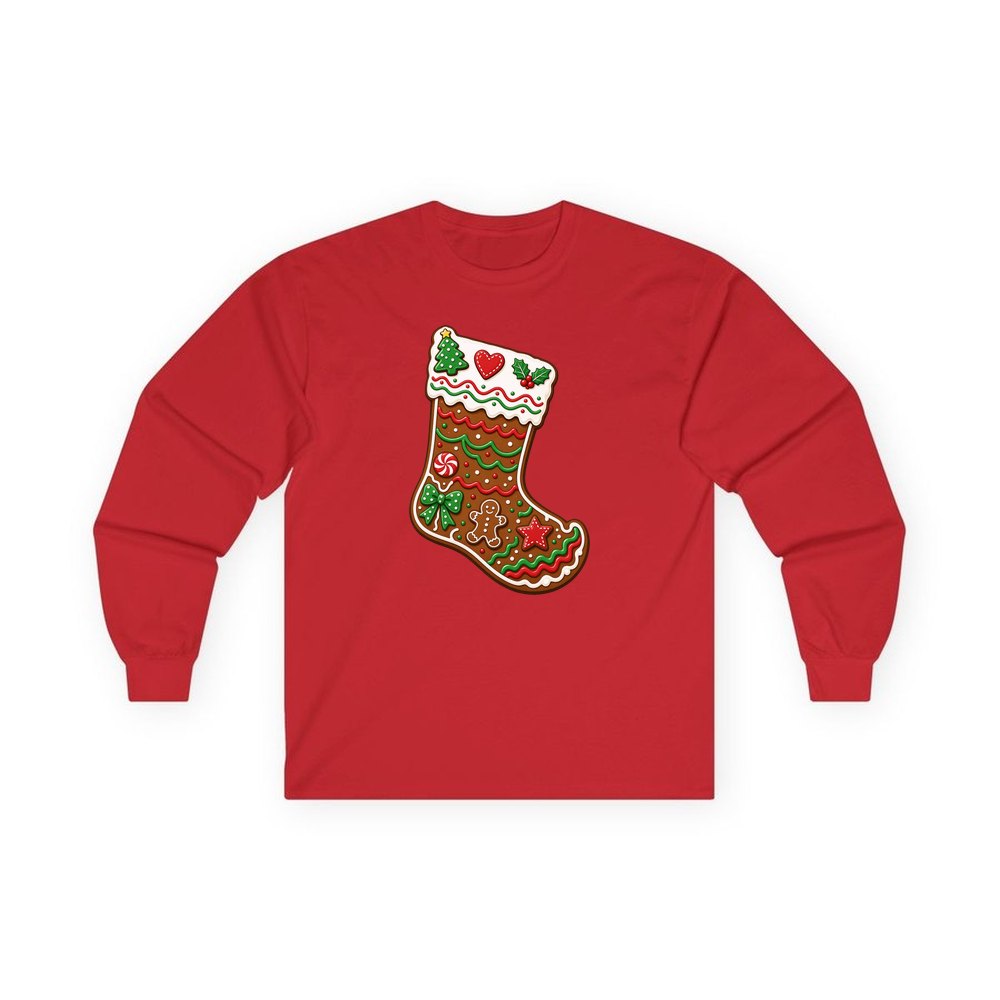 Gingerbread Stocking Biscuit personalised long sleeve Christmas T-shirt in red