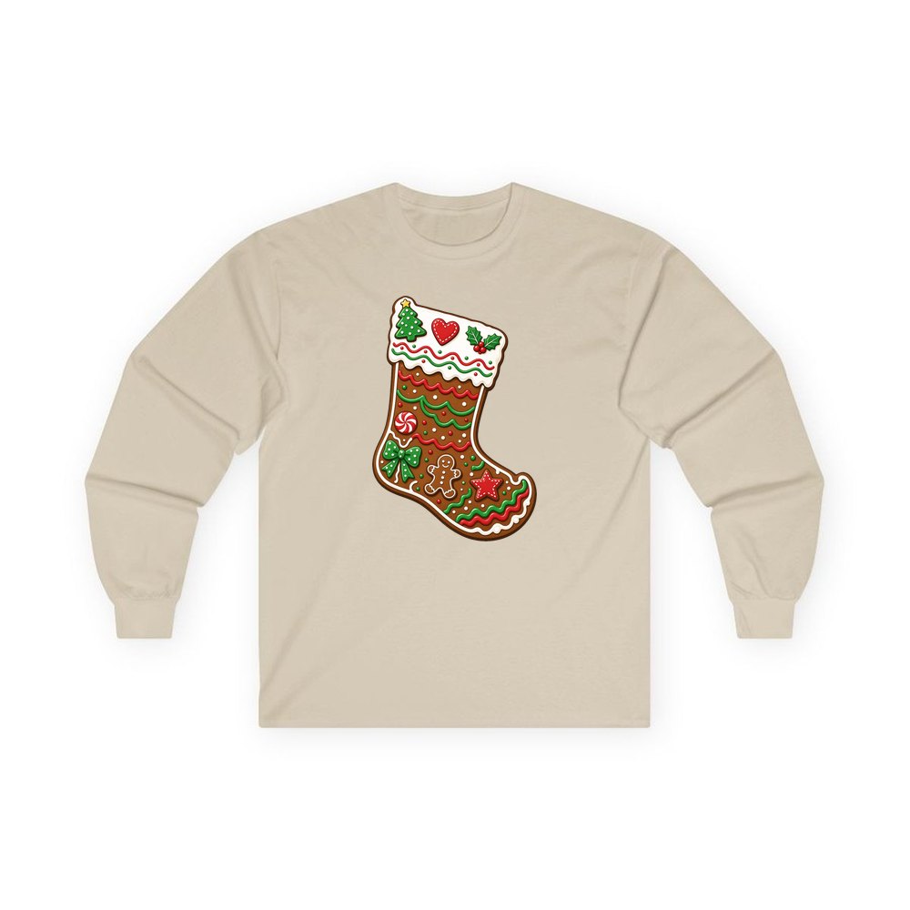 Gingerbread Stocking Biscuit personalised long sleeve Christmas T-shirt in sand