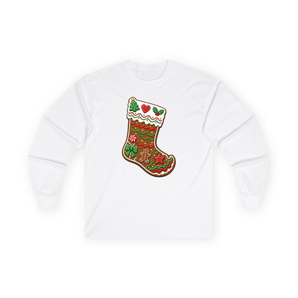 Gingerbread Stocking Biscuit personalised long sleeve Christmas T-shirt in white