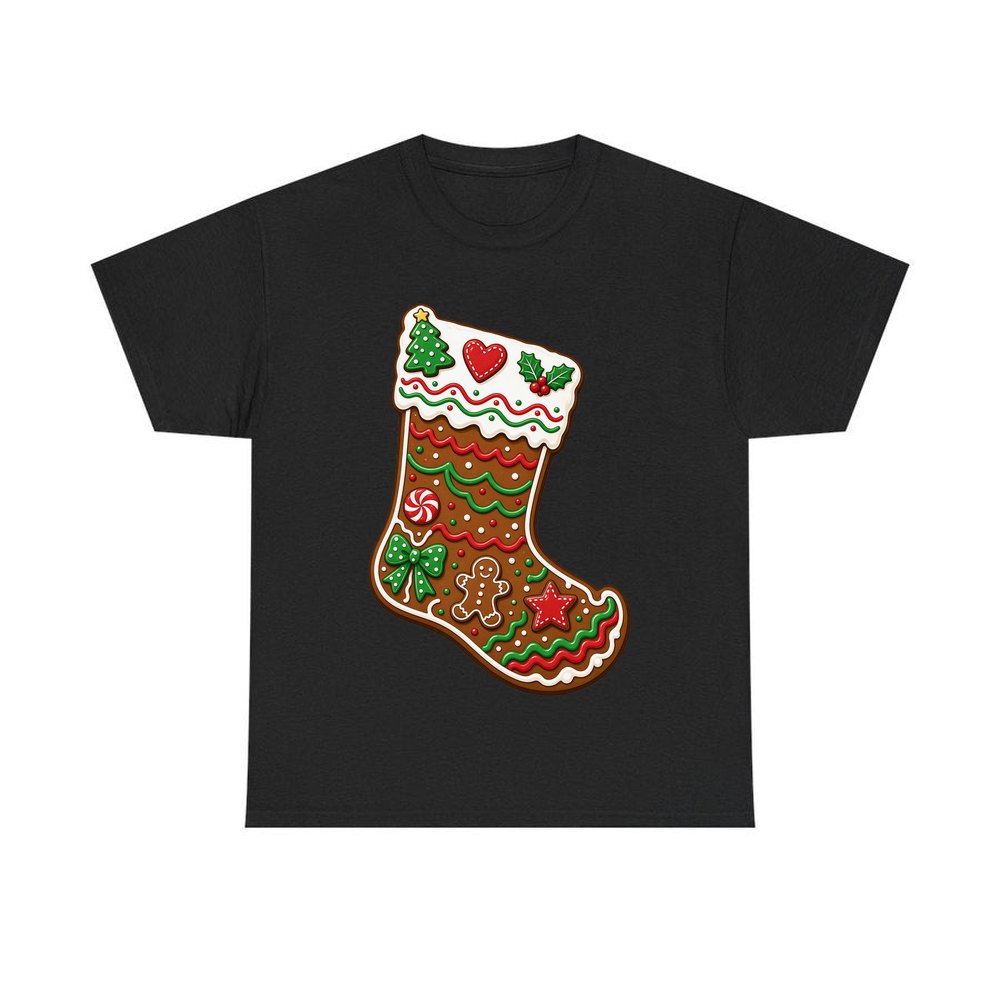 Gingerbread Stocking Biscuit personalised Christmas T-shirt in black