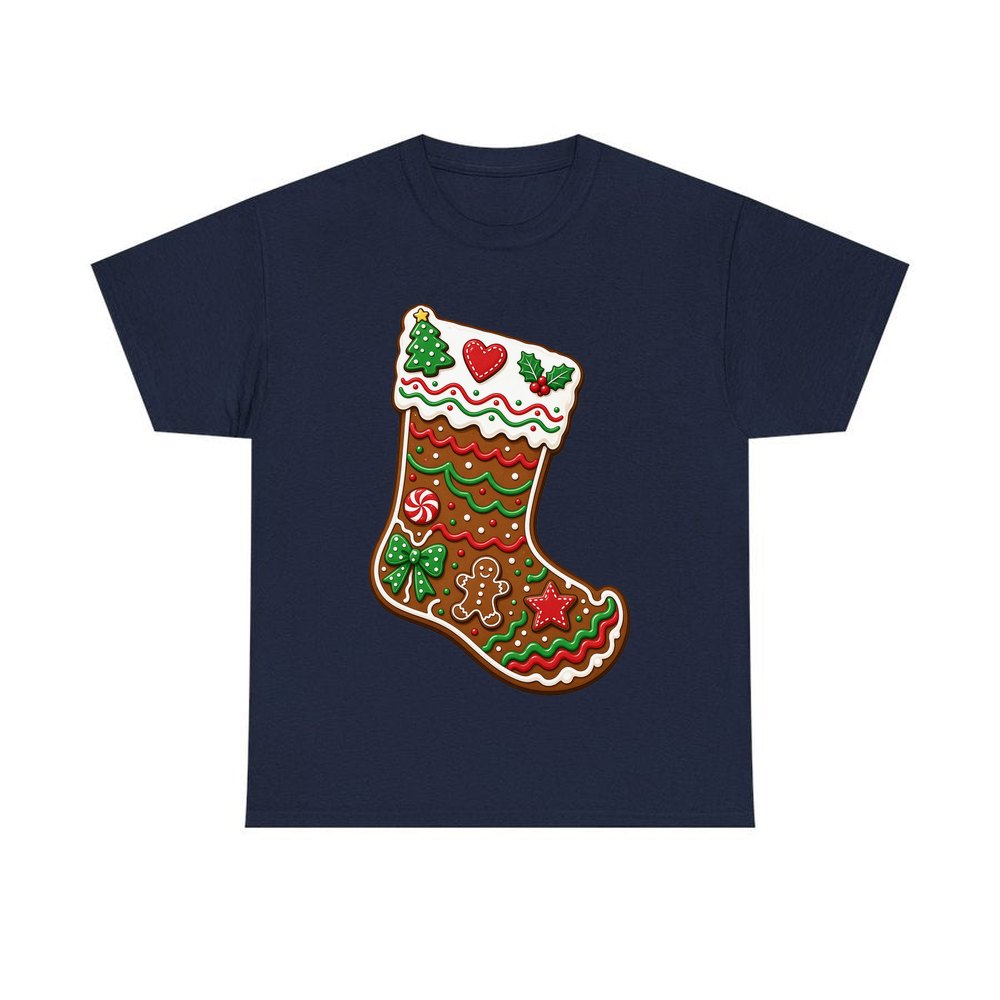 Gingerbread Stocking Biscuit personalised Christmas T-shirt in navy
