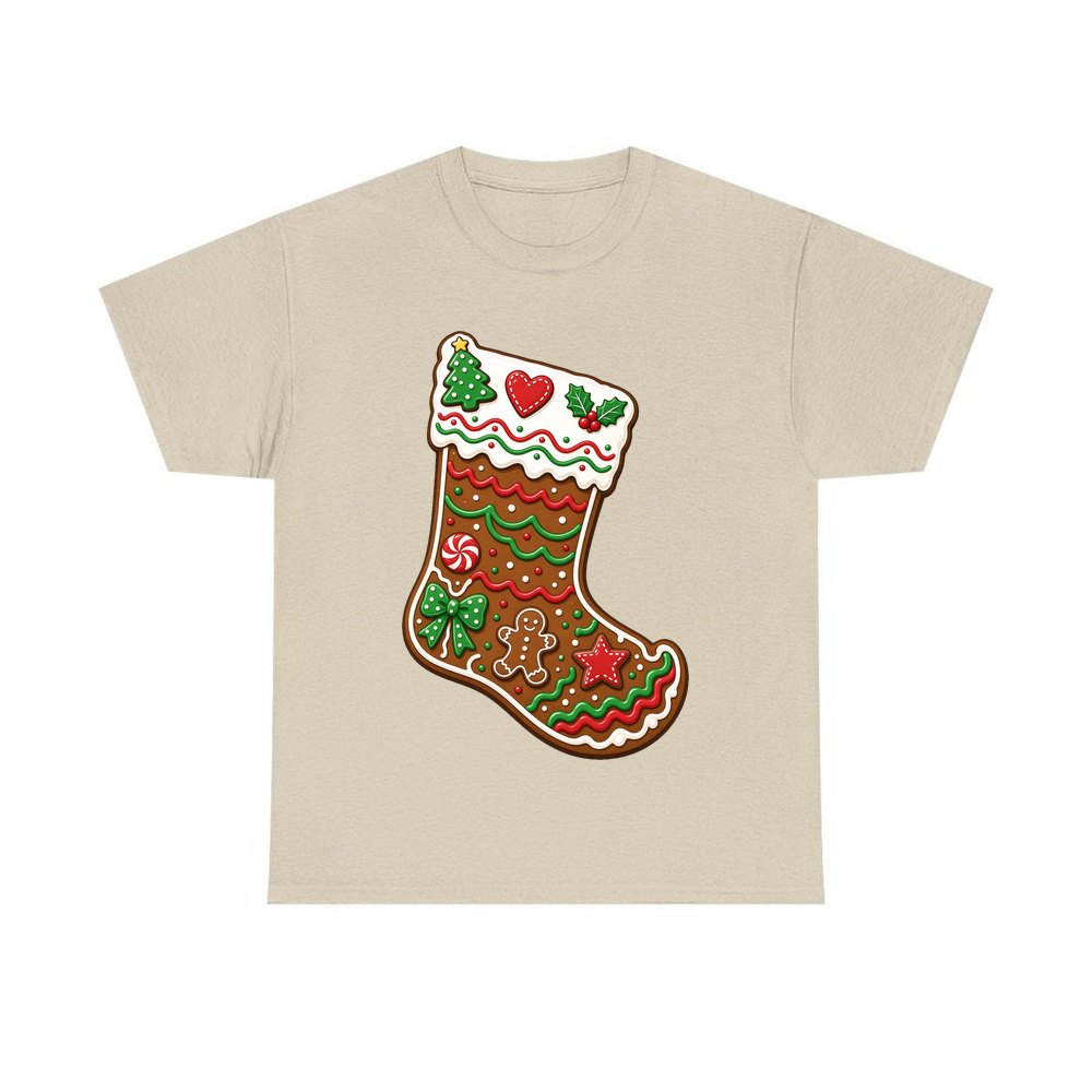 Gingerbread Stocking Biscuit personalised Christmas T-shirt in sand