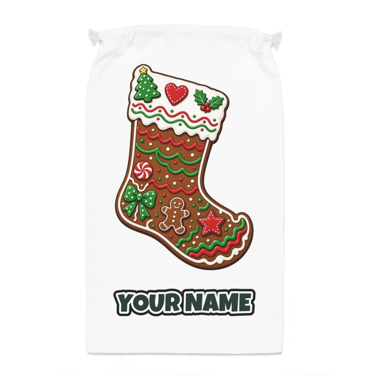 Gingerbread Stocking Biscuit Santa sack laid flat, showing the full print