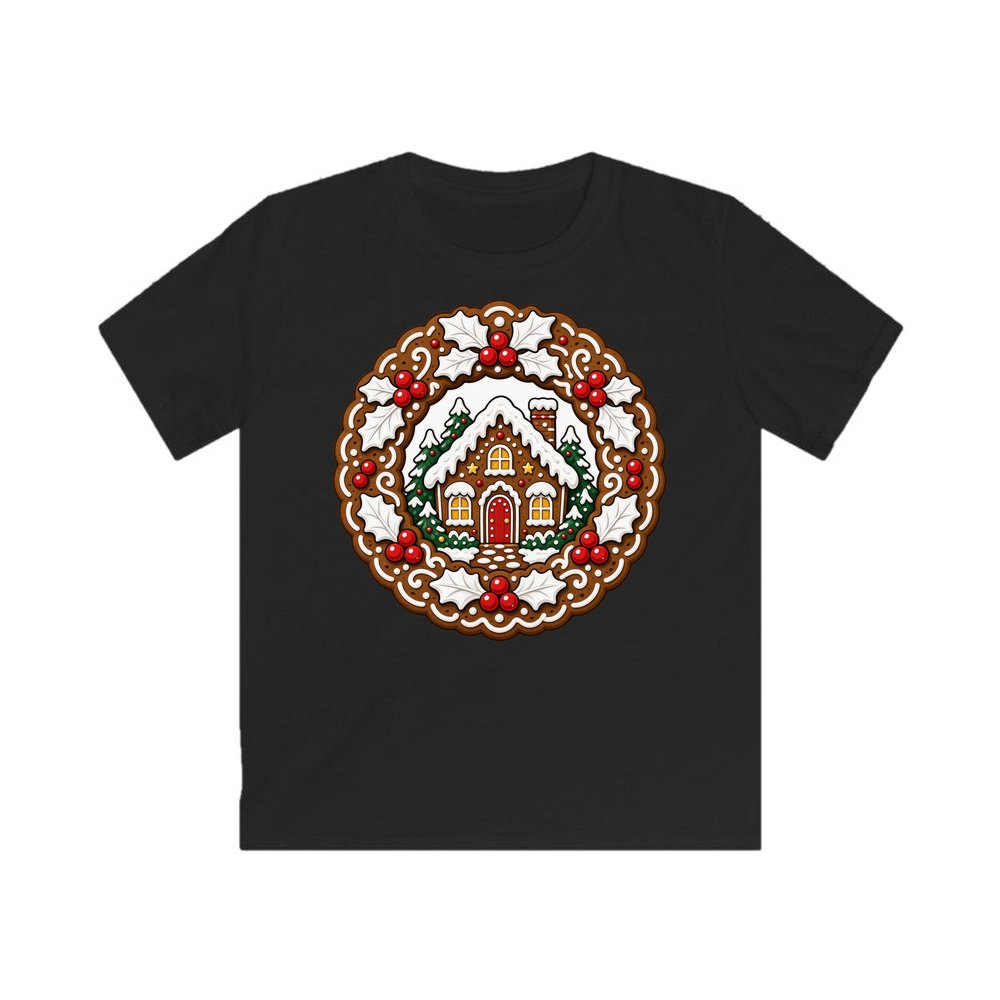 Gingerbread Wreath With House personalised kids Christmas tee in black