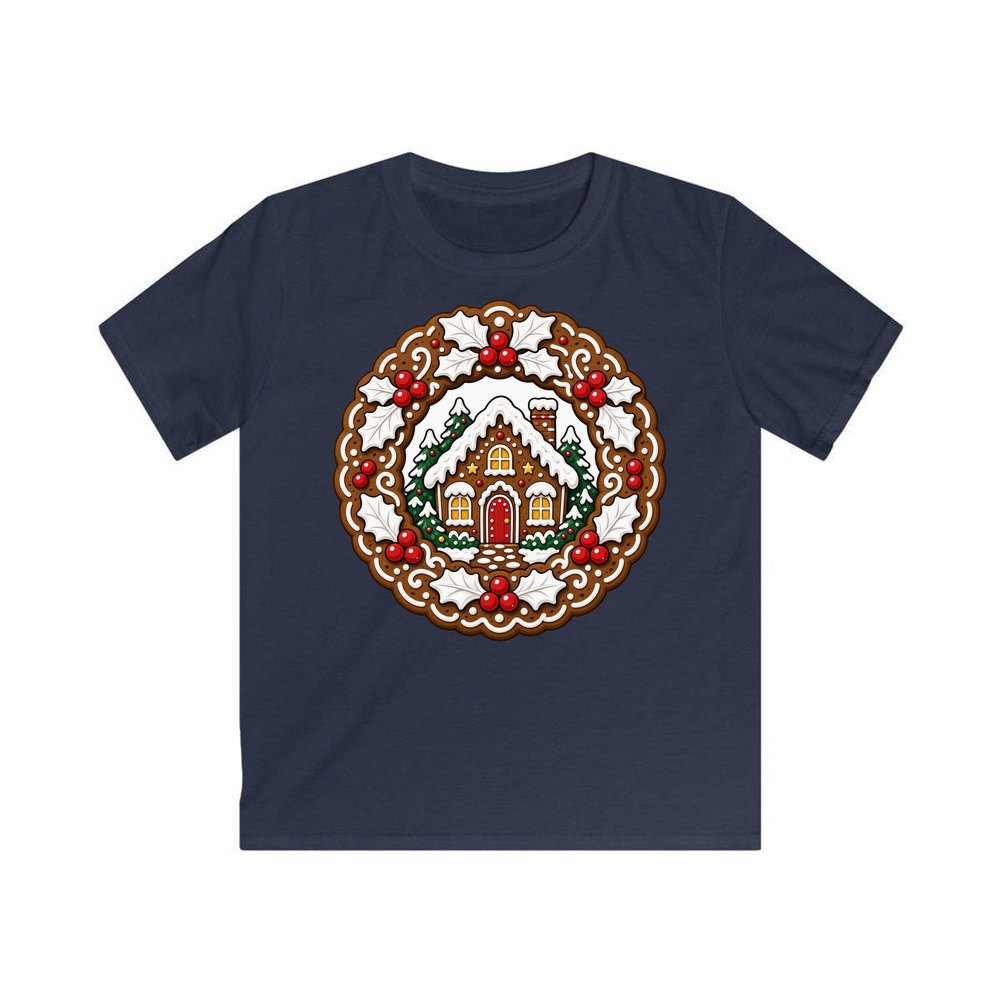 Gingerbread Wreath With House personalised kids Christmas tee in navy