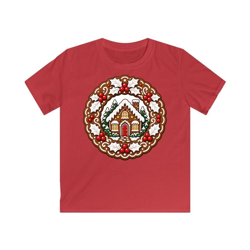 Gingerbread Wreath With House personalised kids Christmas tee in red