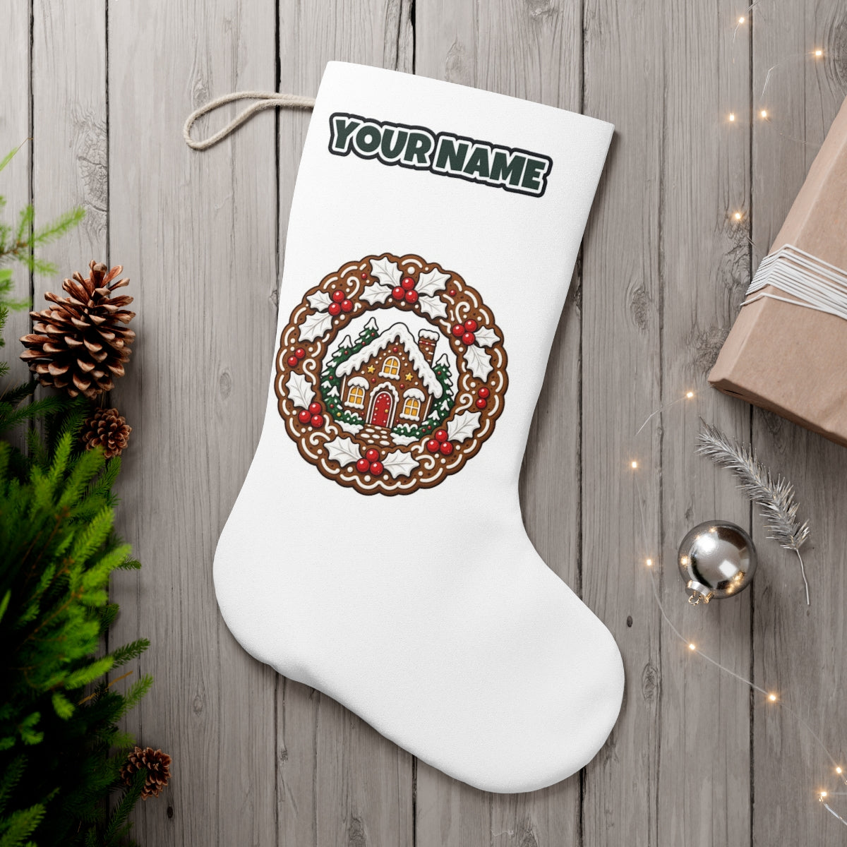 Gingerbread Wreath With House personalised Christmas stocking, white, with the name across the top