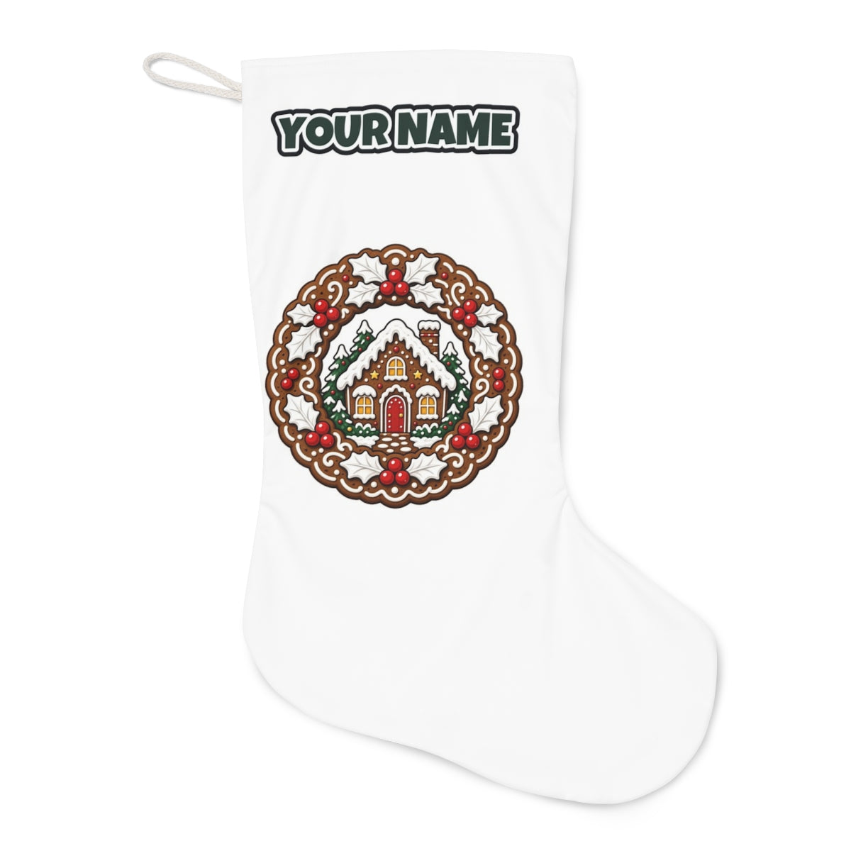 Gingerbread Wreath With House Christmas stocking laid flat, showing the full print