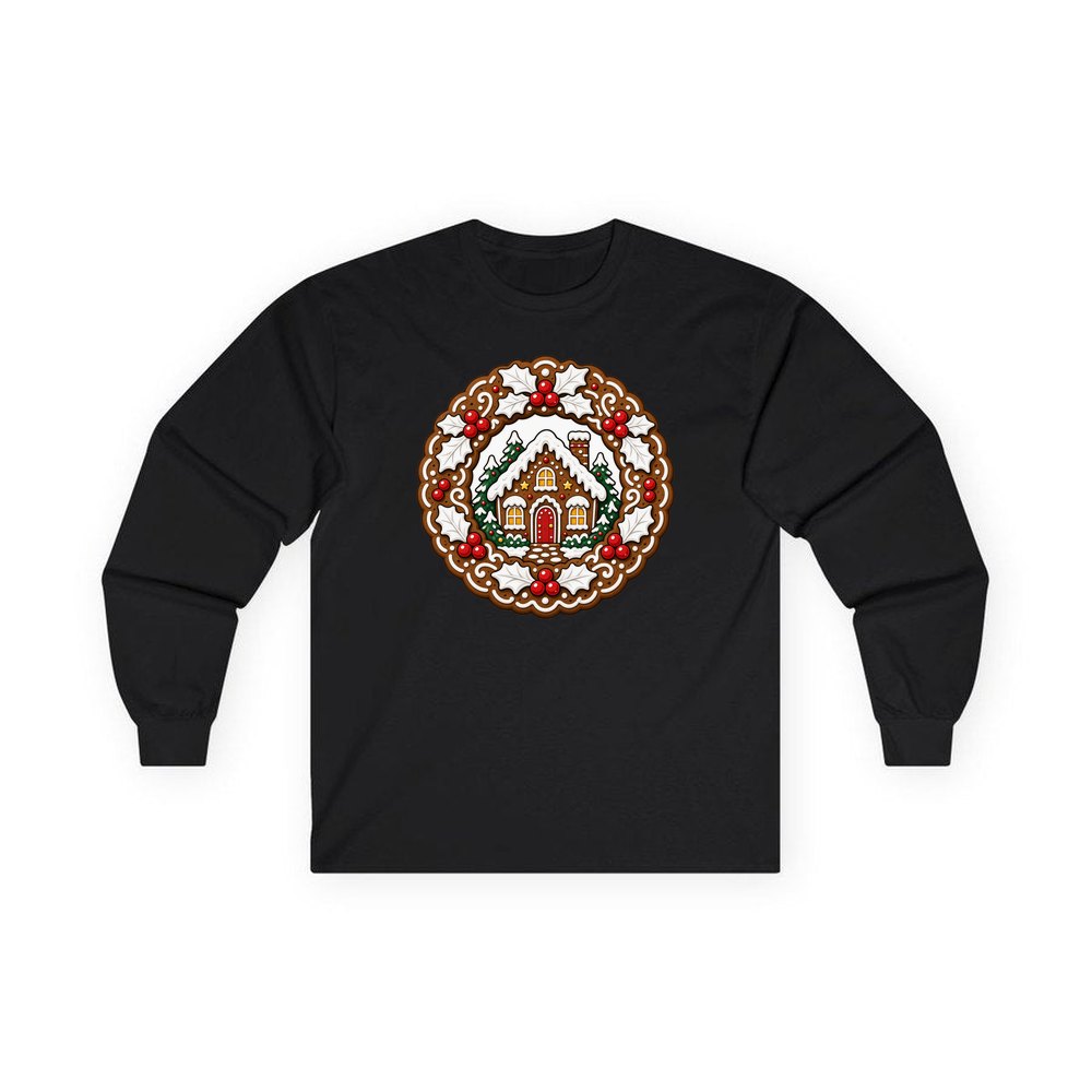 Gingerbread Wreath With House personalised long sleeve Christmas T-shirt in black