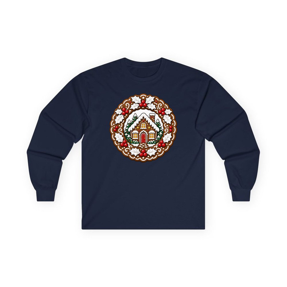 Gingerbread Wreath With House personalised long sleeve Christmas T-shirt in navy