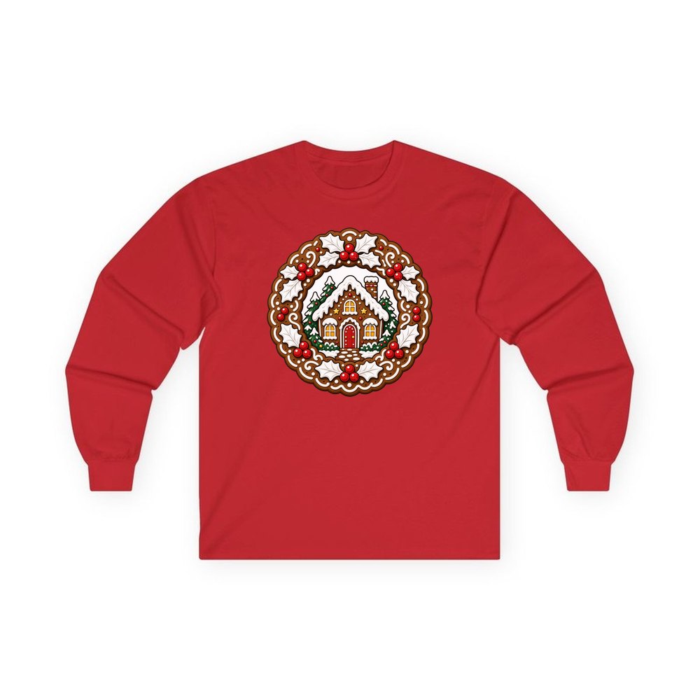 Gingerbread Wreath With House personalised long sleeve Christmas T-shirt in red