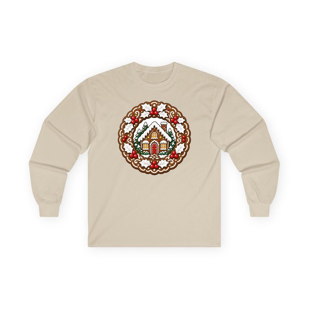 Gingerbread Wreath With House personalised long sleeve Christmas T-shirt in sand