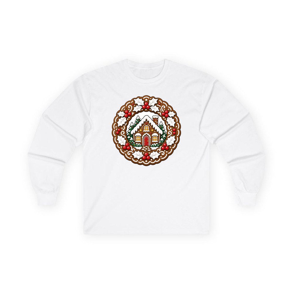 Gingerbread Wreath With House personalised long sleeve Christmas T-shirt in white