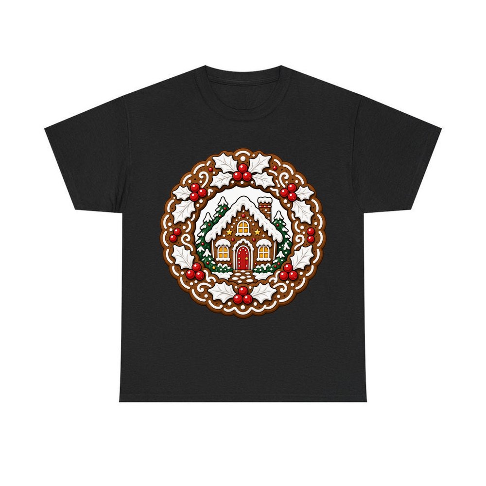 Gingerbread Wreath With House personalised Christmas T-shirt in black
