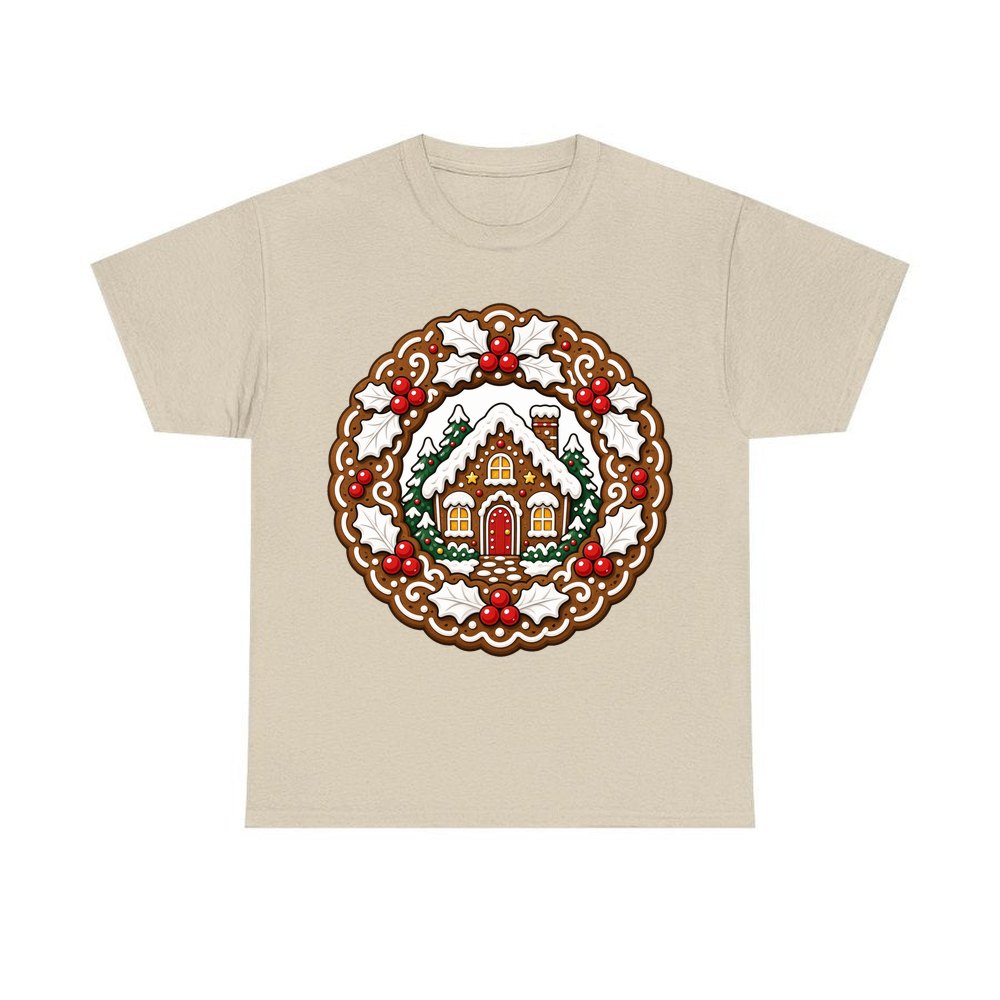 Gingerbread Wreath With House personalised Christmas T-shirt in sand