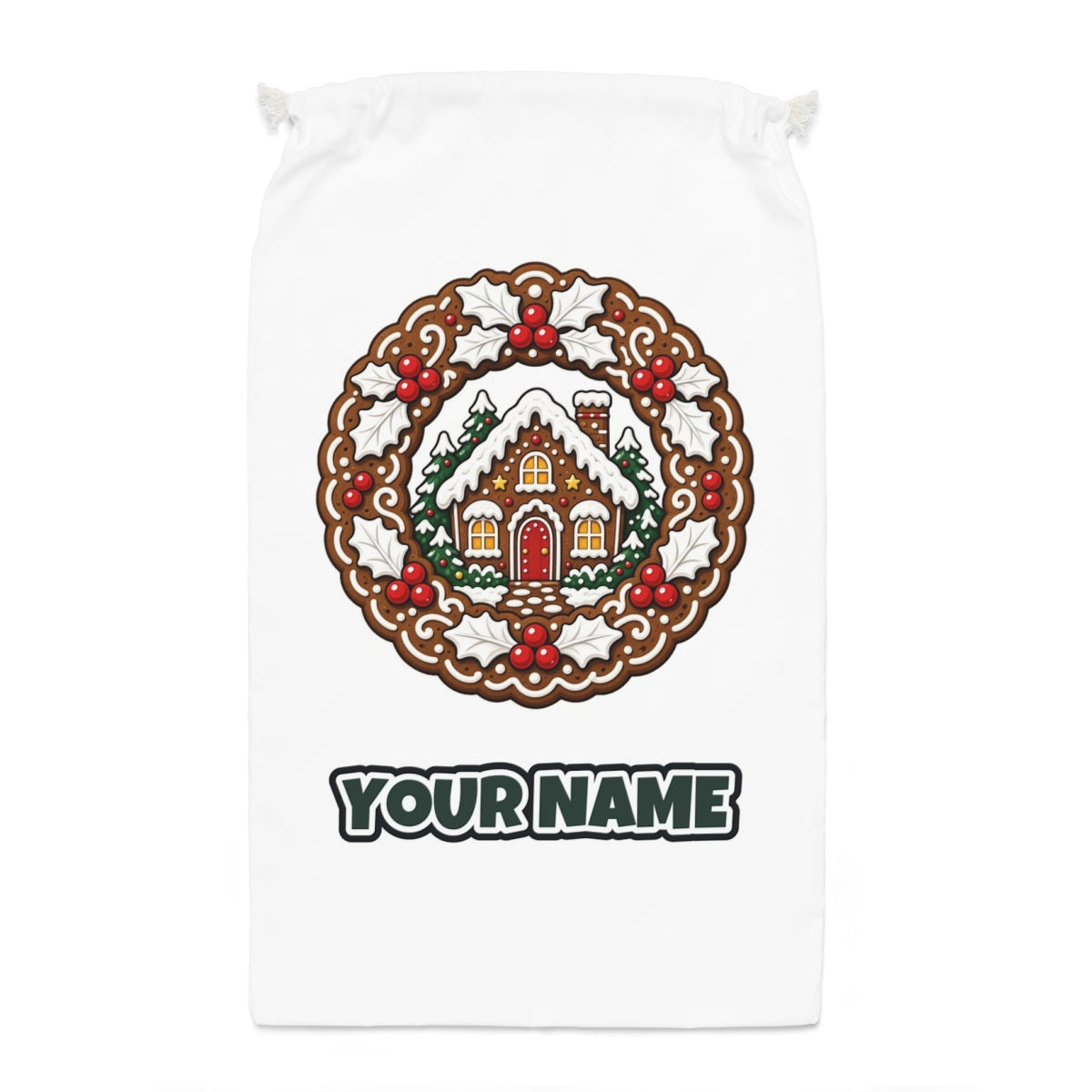 Gingerbread Wreath With House Santa sack laid flat, showing the full print