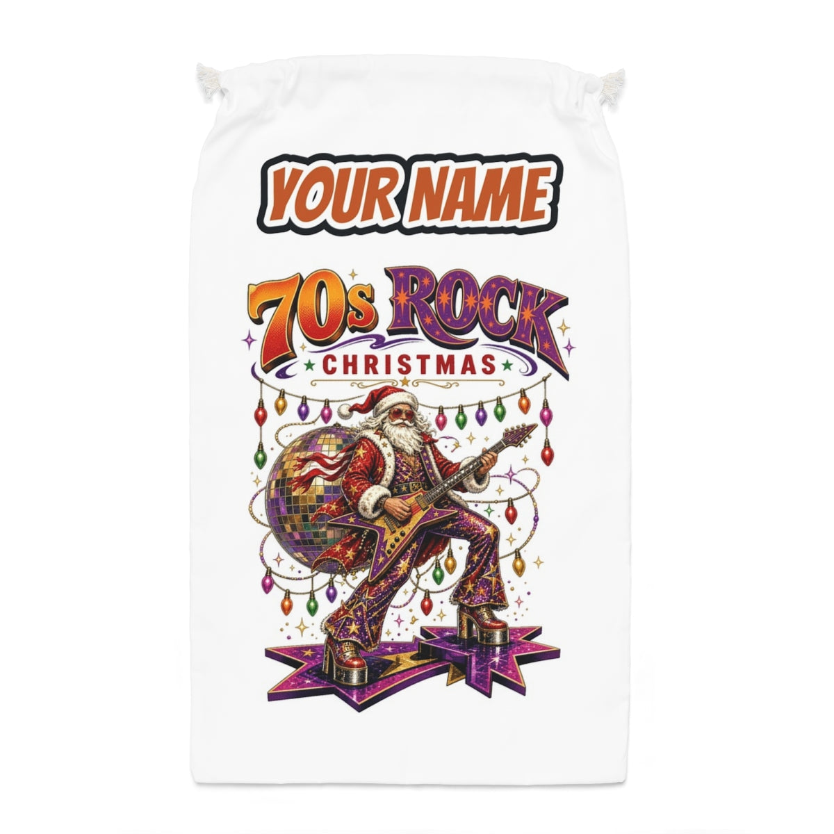 Glam Rock Santa Santa sack laid flat, showing the full print