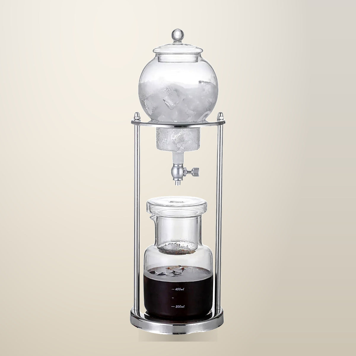 Glass Cold Drip Coffee Maker with Stainless Steel Stand, 600 ml, on a plain cream background