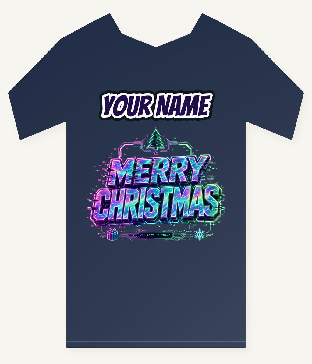 Glitch Neon Merry Christmas Personalised Kids and Baby Christmas Tee