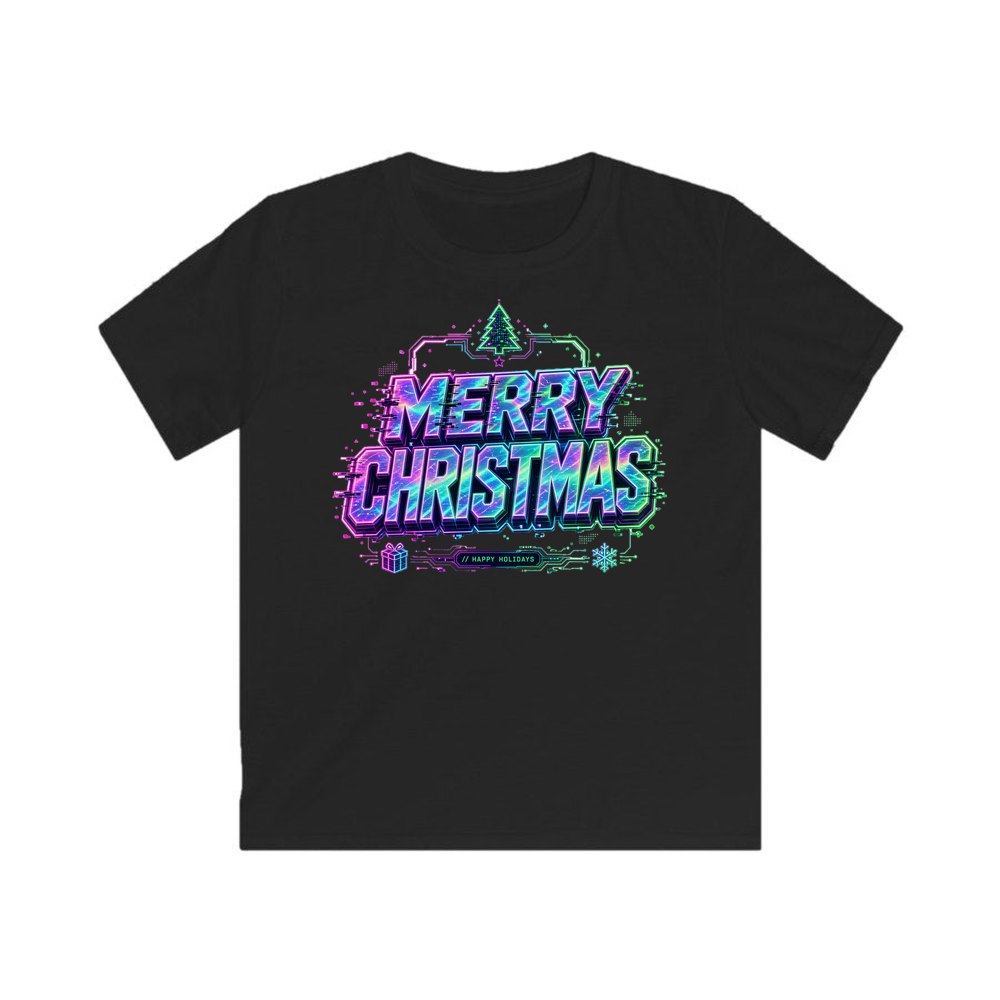 Glitch Neon Merry Christmas personalised kids Christmas tee in black