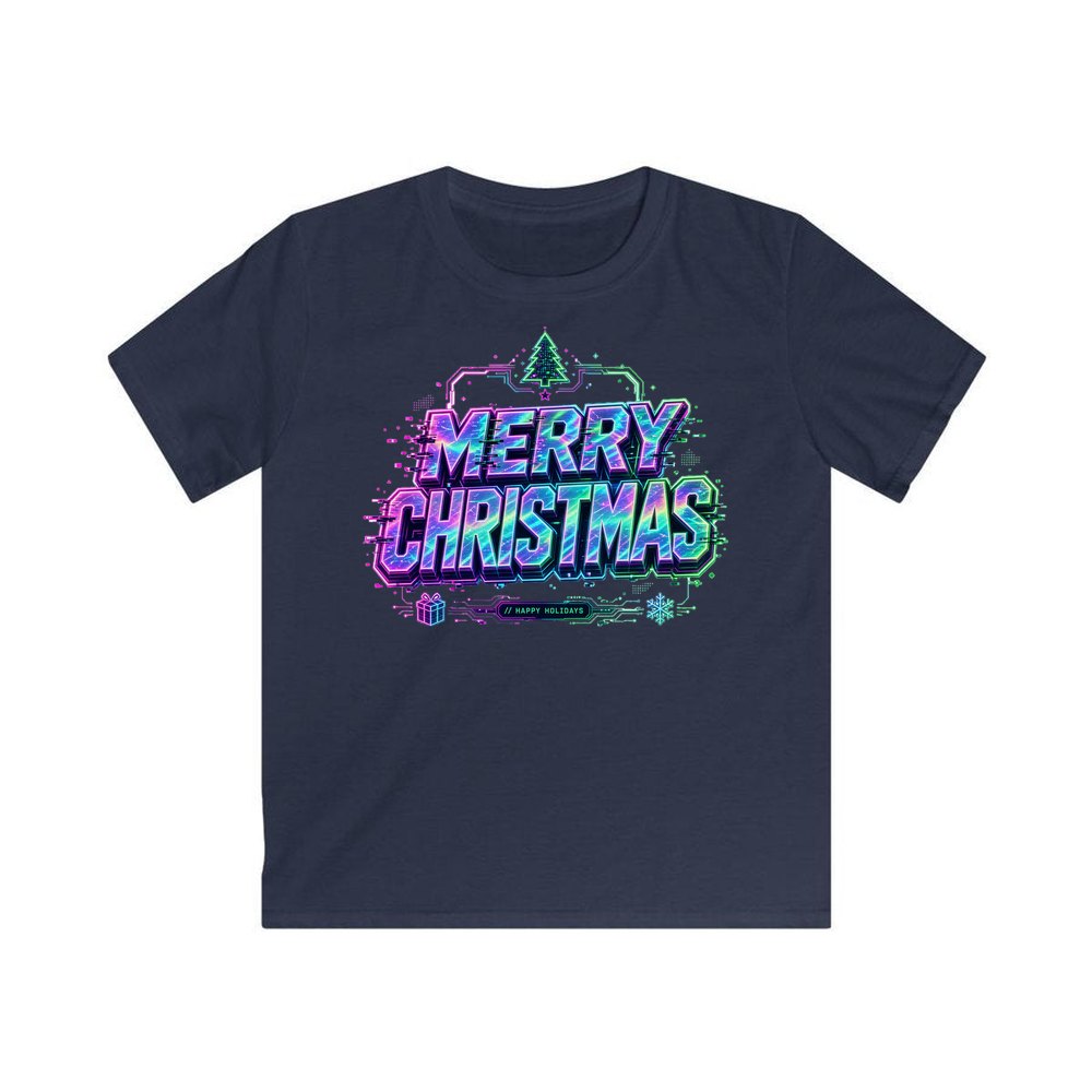 Glitch Neon Merry Christmas personalised kids Christmas tee in navy