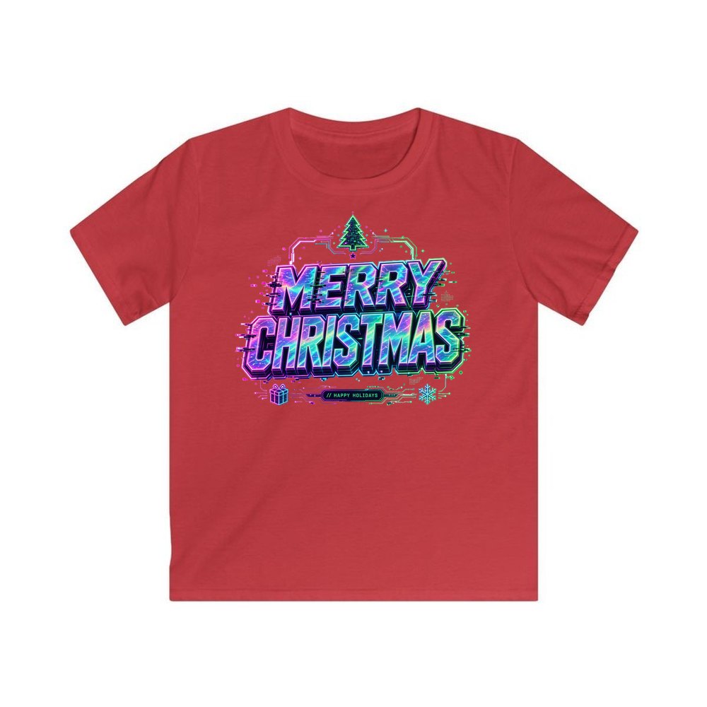 Glitch Neon Merry Christmas personalised kids Christmas tee in red