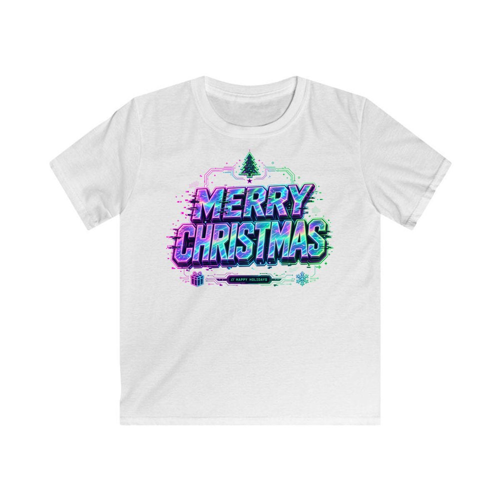 Glitch Neon Merry Christmas personalised kids Christmas tee in white