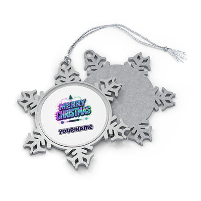 Glitch Neon Merry Christmas Personalised Pewter Christmas Ornament