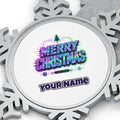Glitch Neon Merry Christmas Personalised Pewter Christmas Ornament